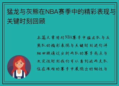 猛龙与灰熊在NBA赛季中的精彩表现与关键时刻回顾