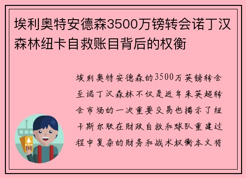埃利奥特安德森3500万镑转会诺丁汉森林纽卡自救账目背后的权衡